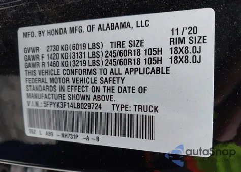 2020 Honda Ridgeline Awd Sport from USA, damaged, VIN 5FPYK3F14LB029724